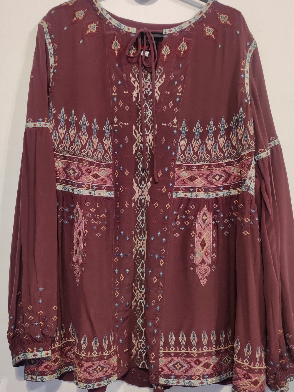 Johnny Was Mauve Embroidered Tie-Front Blouse